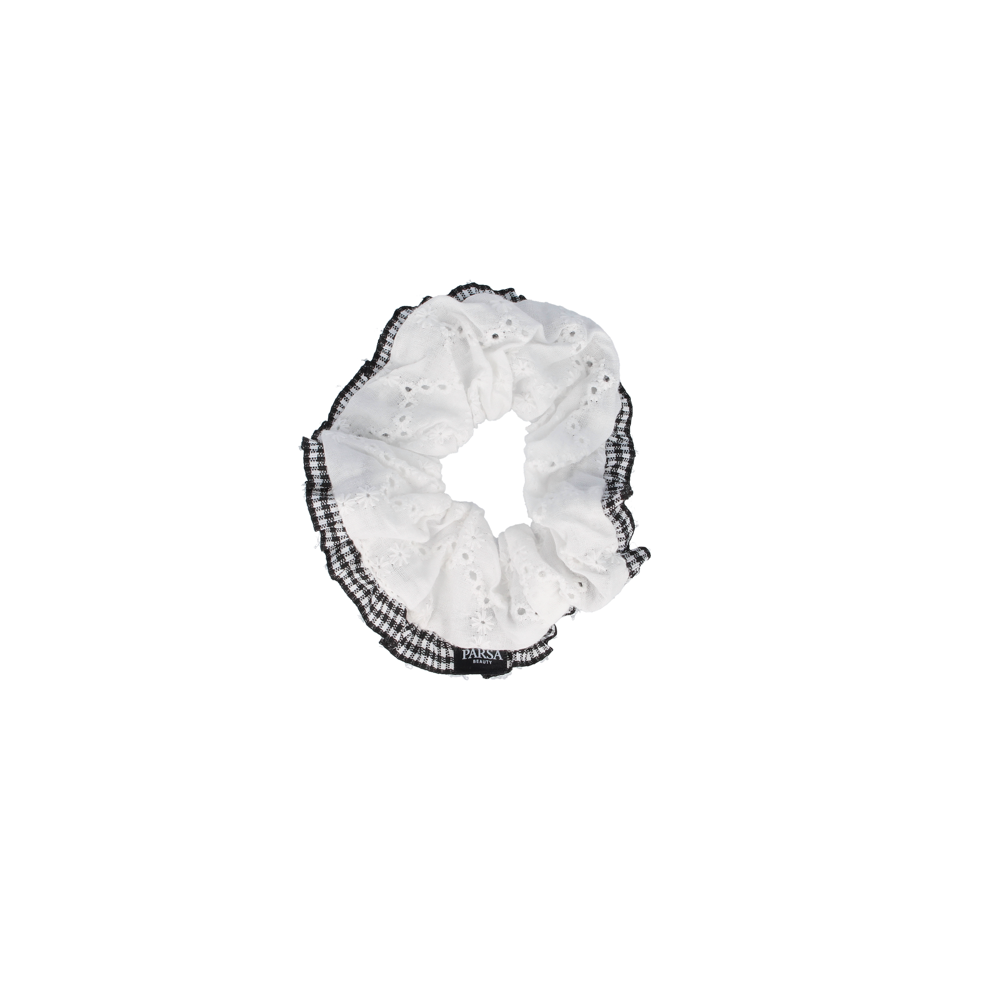 PARSA Beauty Limited Scrunchie Weiß mit karierter Bordüre, 11cm