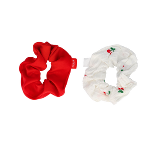 PARSA Beauty Limited Scrunchie-Set „Sweet Cherry“, Rot & Kirschmuster, 11cm, 2er-Set