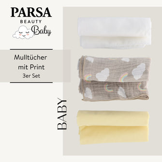 PARSA Beauty BABY Mulltücher mehrfarbig 3er Set, weich, saugfähig & ideal für Baby & Alltag