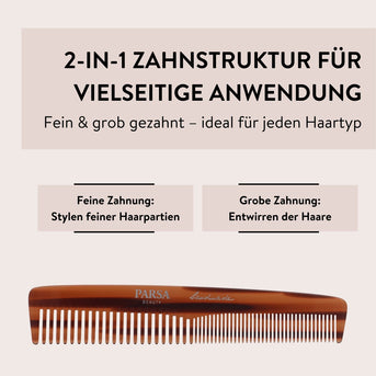 PARSA Beauty PROFESSIONAL Haar- & Bartkamm 14 cm – fein & grob, handgefertigt