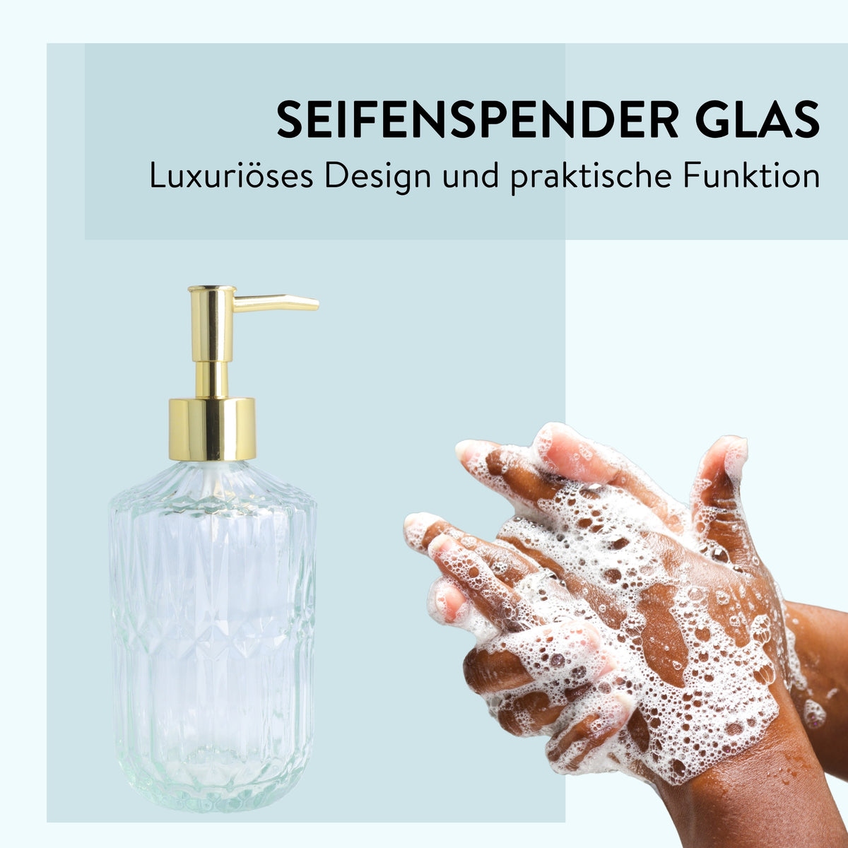 Seifenspender Glas | hygienisch, geruchsneutral, wiederbefüllbar | Edelstahl-Pumpkopf, Goldoptik, strukturiertes Design