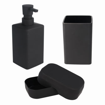 PARSA Beauty Badezimmer Set 3-teilig Matt Schwarz, Seifenspender, Becher und Seifenschale mit Soft-Touch Finish