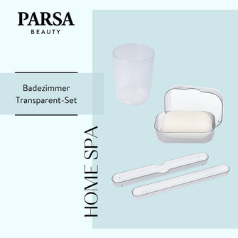 PARSA Beauty Badezimmer Set 3-teilig Transparent, Seifenschale, Zahnbürstenhalter und Becher
