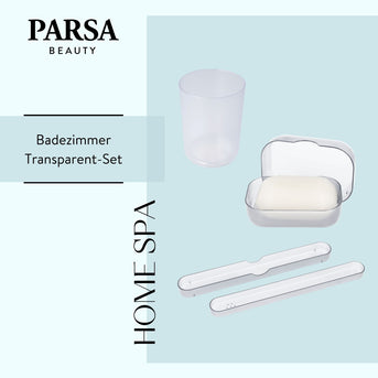 PARSA Beauty Badezimmer Set 3-teilig Transparent, Seifenschale, Zahnbürstenhalter und Becher
